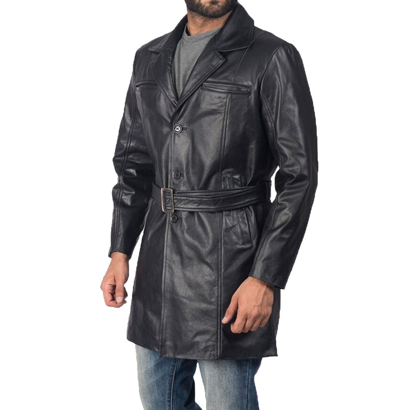 Men’s Black Sheepskin Leather Trench Coat – Warm & Classic Fit