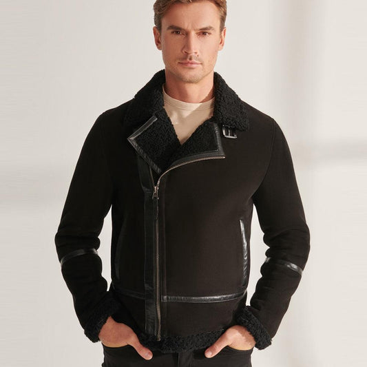 Men's Black Sheepskin Shearling Aviator Leather Jacket