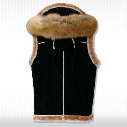 Men’s Hooded Black Suede Shearling Leather Vest