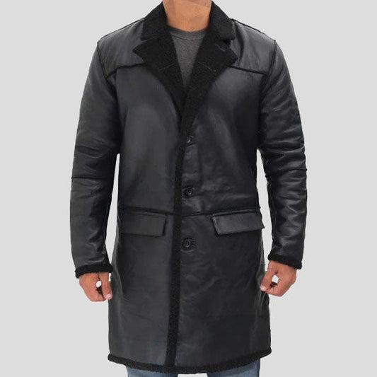 Men’s Black Winter Shearling Leather Trench Coat – Premium Warmth