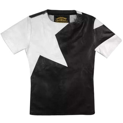 Men’s Black & White Sheepskin Leather T-Shirt – Star Design Edition