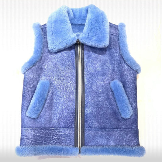 Men’s Blue Sheepskin Shearling Leather Vest