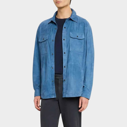 Men’s Blue Suede Western Shirt Jacket Long Sleeve Snap Button
