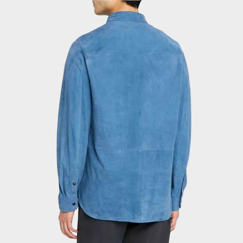 Men’s Blue Suede Western Shirt Jacket Long Sleeve Snap Button
