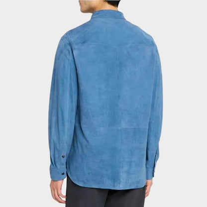 Men’s Blue Suede Western Shirt Jacket Long Sleeve Snap Button