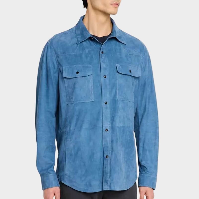 Men’s Blue Suede Western Shirt Jacket Long Sleeve Snap Button