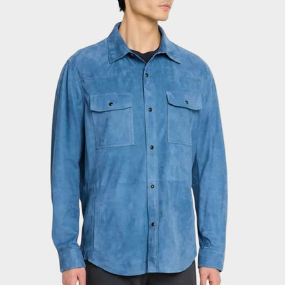 Men’s Blue Suede Western Shirt Jacket Long Sleeve Snap Button