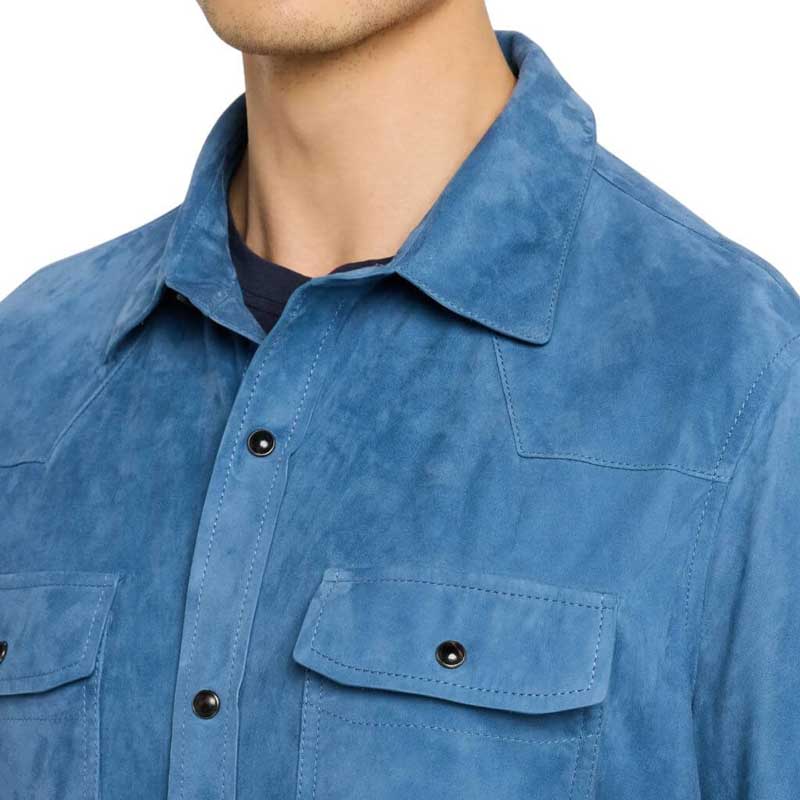 Men’s Blue Suede Western Shirt Jacket Long Sleeve Snap Button