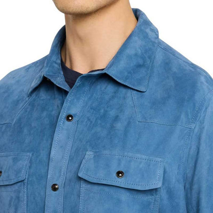 Men’s Blue Suede Western Shirt Jacket Long Sleeve Snap Button