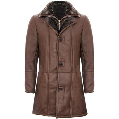 Men’s Brown Shearling Trench Coat – Double Collar Long Winter Coat