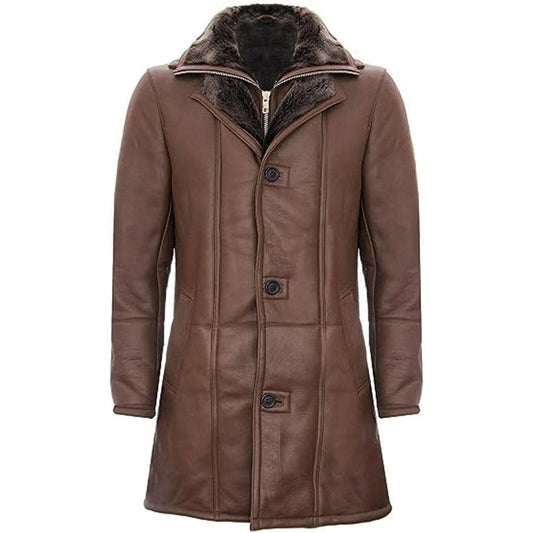 Men’s Brown Shearling Trench Coat – Double Collar Long Winter Coat