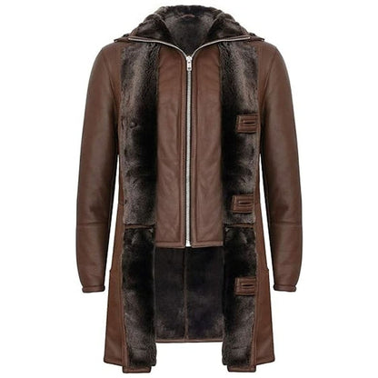 Men’s Brown Shearling Trench Coat – Double Collar Long Winter Coat