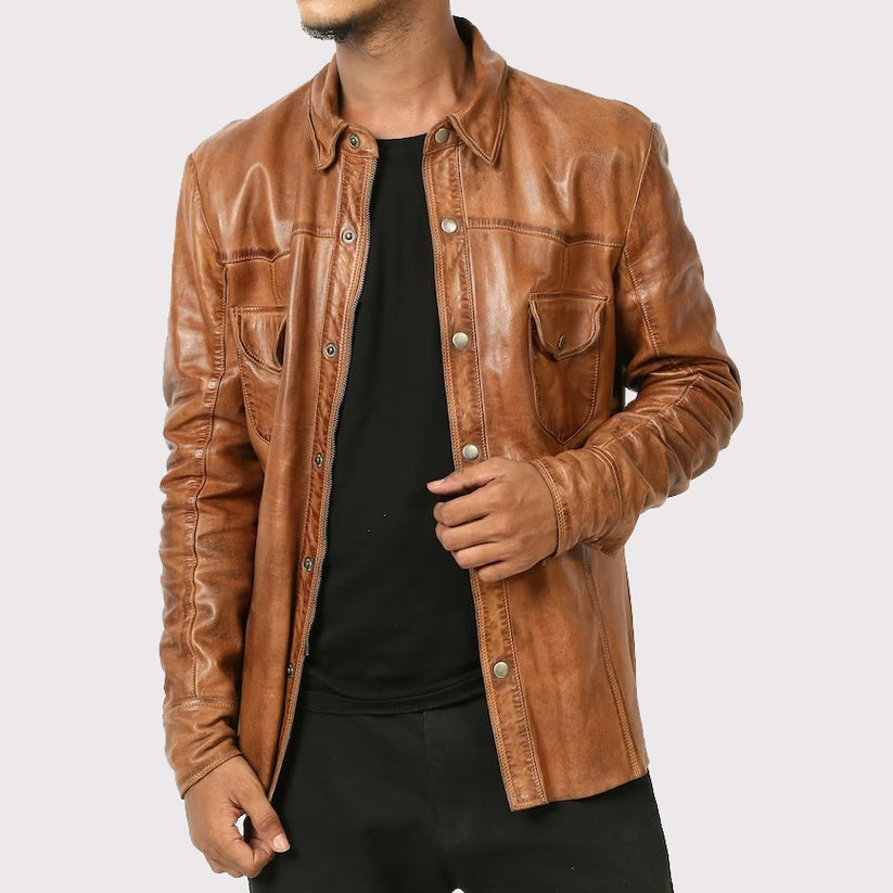 Men’s Brown Lambskin Leather Biker Shirt – Rugged Ride Edition