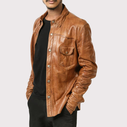 Men’s Brown Lambskin Leather Biker Shirt – Rugged Ride Edition