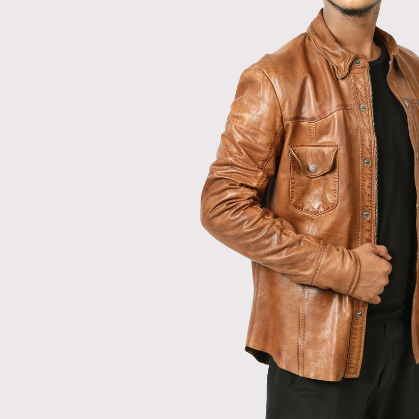 Men’s Brown Lambskin Leather Biker Shirt – Rugged Ride Edition