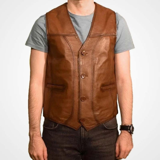 Men’s Brown Lambskin Button-Up Leather Vest
