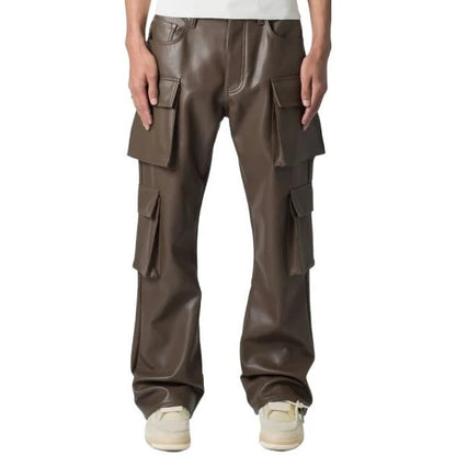 Men’s Brown Leather Cargo Pants – 4 Flap Pockets Utility Style