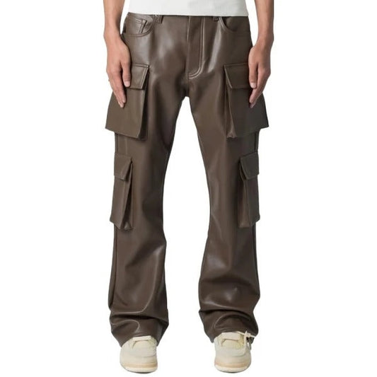 Men’s Brown Leather Cargo Pants – 4 Flap Pockets Utility Style