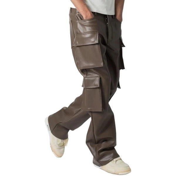 Men’s Brown Leather Cargo Pants – 4 Flap Pockets Utility Style