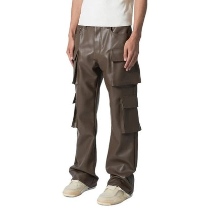 Men’s Brown Leather Cargo Pants – 4 Flap Pockets Utility Style