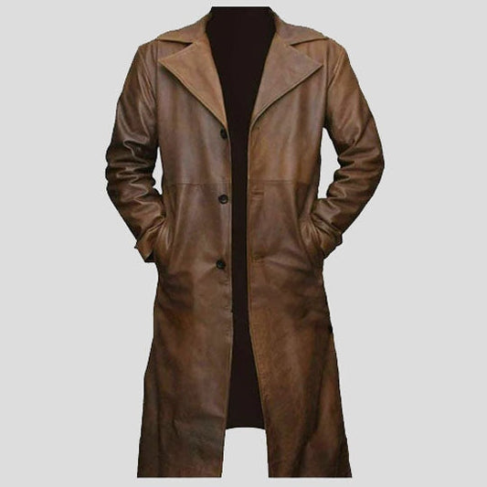 Men’s Brown Lambskin Leather Long Trench Coat