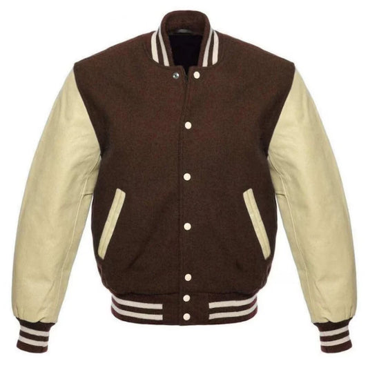 Men's Brown Wool Varsity Jacket with Cream Leather Sleeves