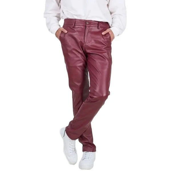 Men’s Burgundy Leather Trousers – Flap Pocket Tailored Fit