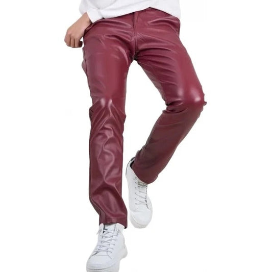 Men’s Burgundy Leather Trousers – Flap Pocket Tailored Fit
