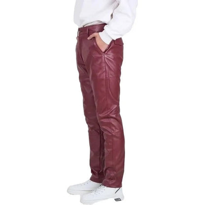 Men’s Burgundy Leather Trousers – Flap Pocket Tailored Fit