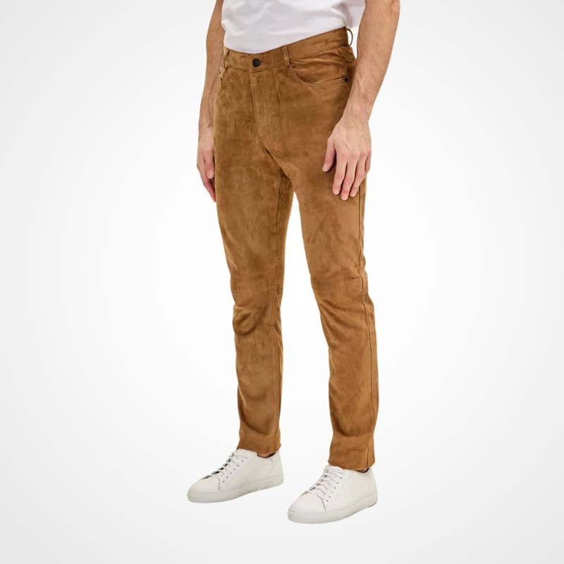 Men’s Camel Suede Slim Fit Leather Pants