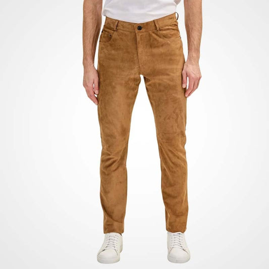 Men’s Camel Suede Slim Fit Leather Pants