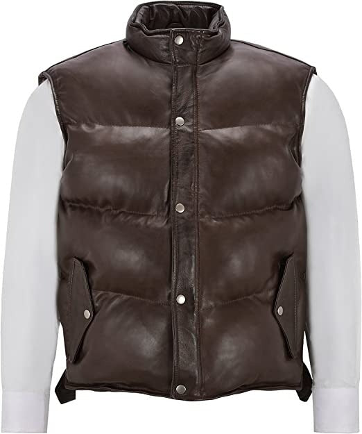 Men’s Chocolate Brown Quilted Puffer Leather Vest – Rugged Winter Wear
