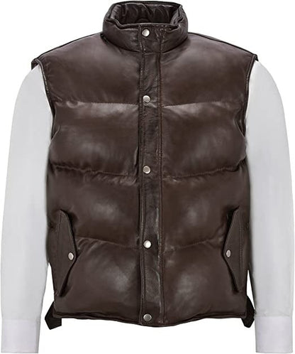 Men’s Chocolate Brown Quilted Puffer Leather Vest – Rugged Winter Wear