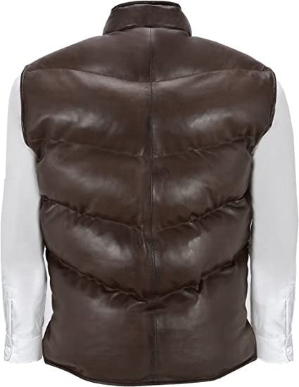 Men’s Chocolate Brown Quilted Puffer Leather Vest – Rugged Winter Wear