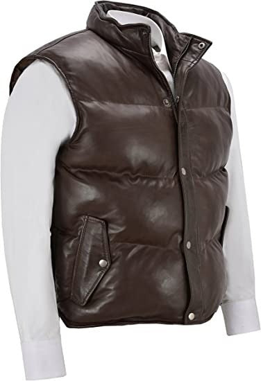 Men’s Chocolate Brown Quilted Puffer Leather Vest – Rugged Winter Wear