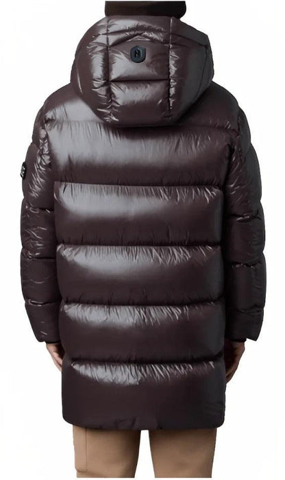 Men’s Chocolate Brown Puffer Trench Coat with Removable Hood