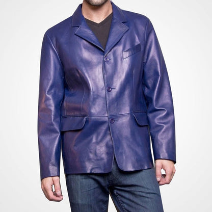 Men’s Blue Leather Blazer – Classic Tailored Fit Jacket