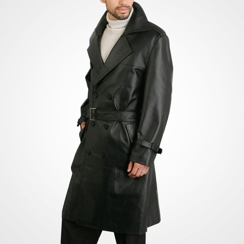 Men's Genuine Leather Trench Coat – Classic Longline Style
