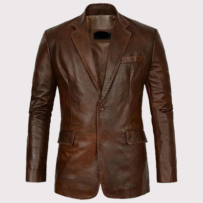 Men's Distressed Brown Leather Blazer – Stylish Vintage Elegance