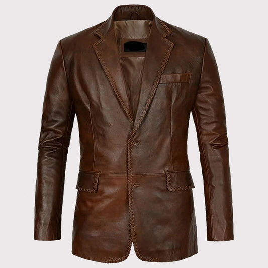 Men's Distressed Brown Leather Blazer – Stylish Vintage Elegance