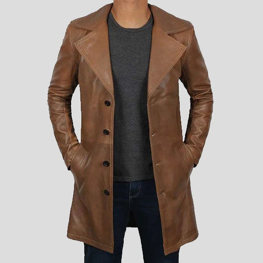 Men’s Distressed Brown Leather Winter Trench Coat