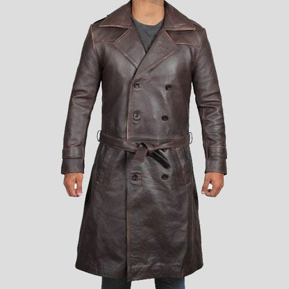 Men’s Vintage Brown Distressed Leather Trench Coat – Winter Longline Style