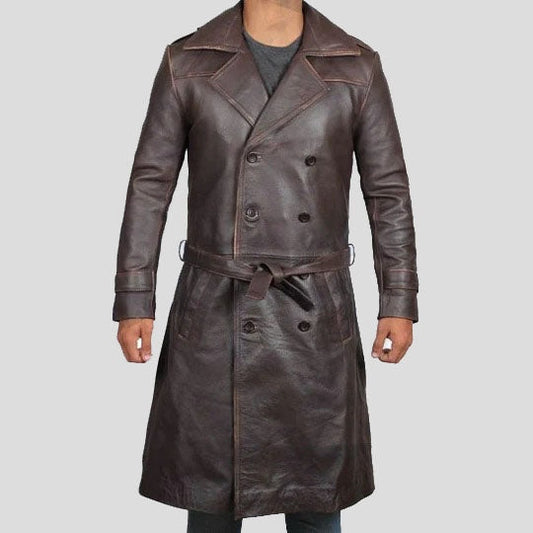Men’s Vintage Brown Distressed Leather Trench Coat – Winter Longline Style
