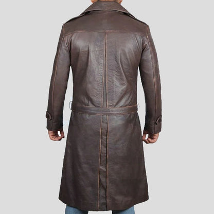Men’s Vintage Brown Distressed Leather Trench Coat – Winter Longline Style
