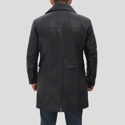 Men’s Black Leather Trench Coat with Four Pockets