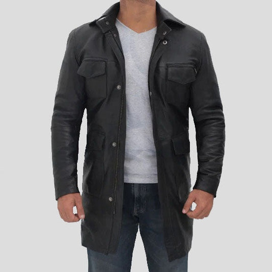 Men’s Black Leather Trench Coat with Four Pockets