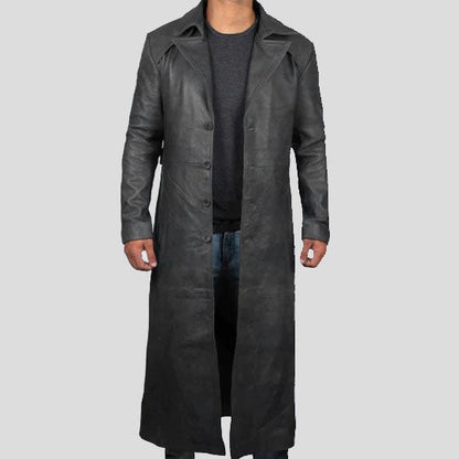 Men’s Full-Length Black Leather Trench Coat – Winter Overcoat Style