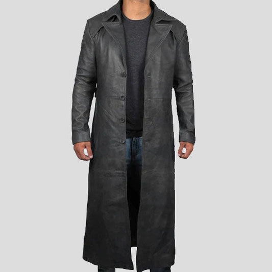 Men’s Full-Length Black Leather Trench Coat – Winter Overcoat Style
