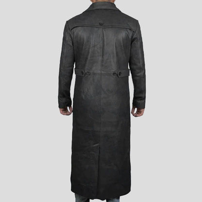 Men’s Full-Length Black Leather Trench Coat – Winter Overcoat Style