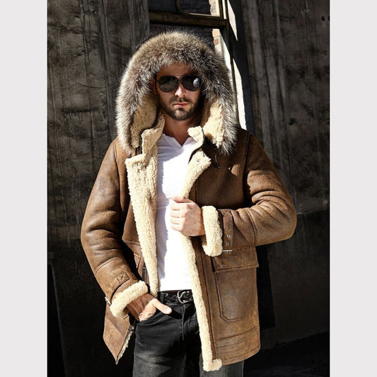 Men’s Long Hooded Shearling Leather Coat